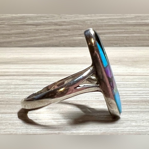 Vintage Native American Sterling Silver Turquoise Onyx & Opal Mosaic Inlay Ring - Picture 5 of 10